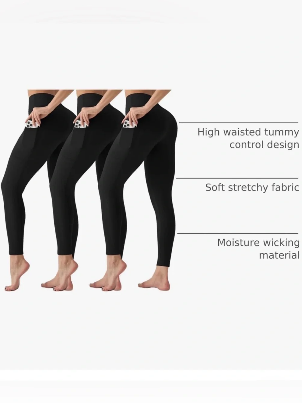 High-Waist Pocket Leggings for Women - Black (3 Pack) - Picture 3 of 3